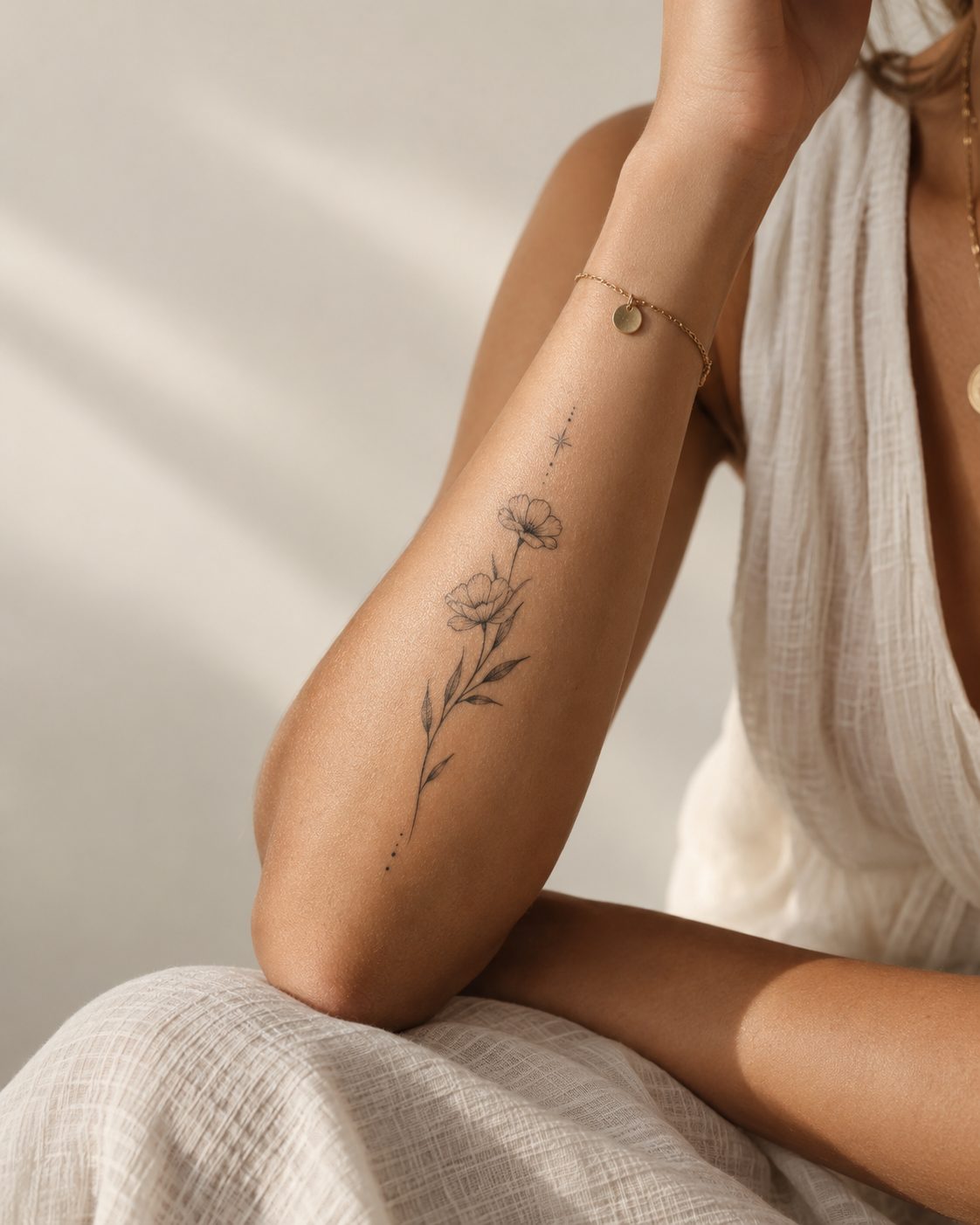 Unterarm einer Frau mit feinem Blumen-Tattoo in warmem Tageslicht