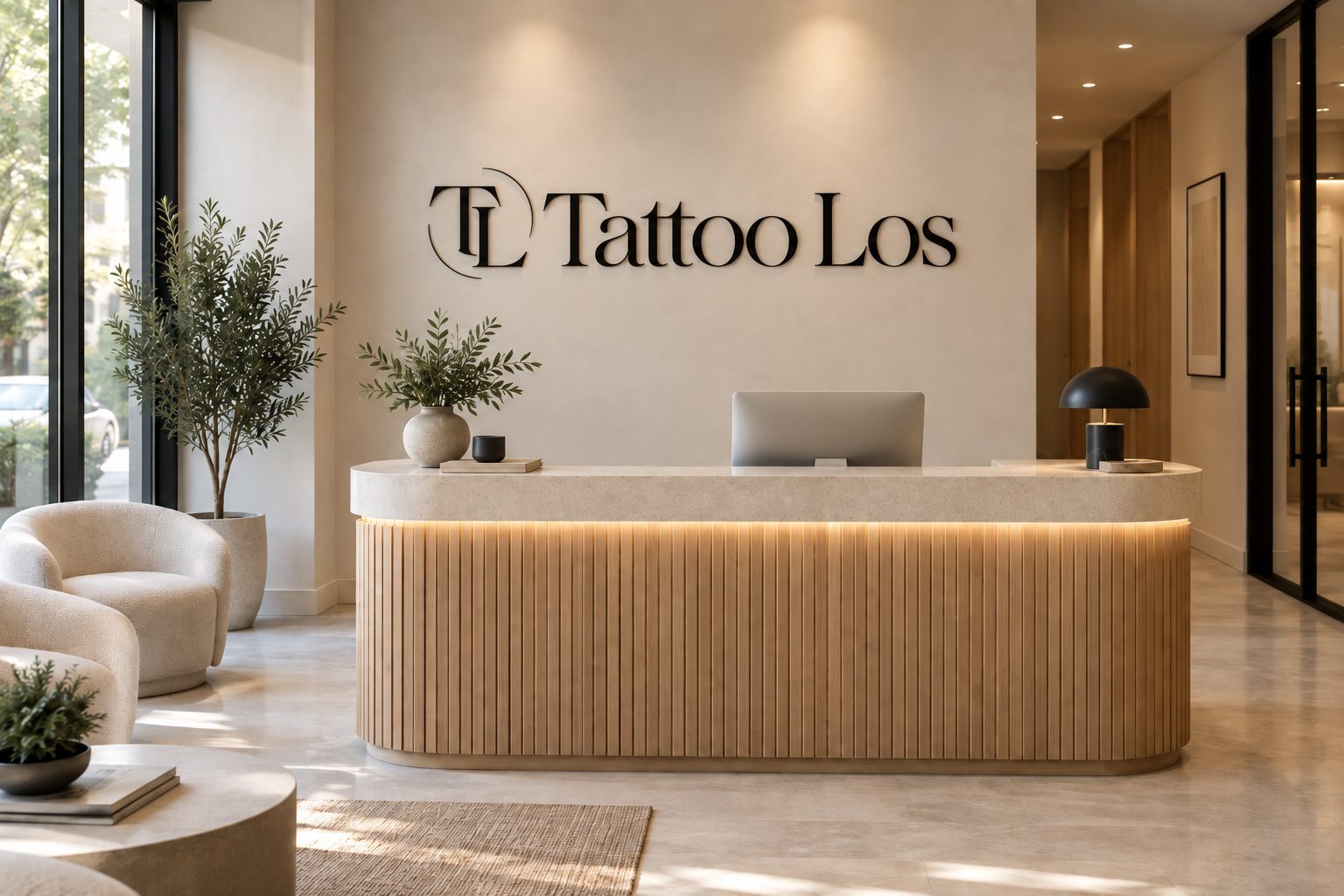 Heller Empfangsbereich von Tattoo-Los mit Holztheke, Pflanzen, Sitzgelegenheiten und Wandlogo