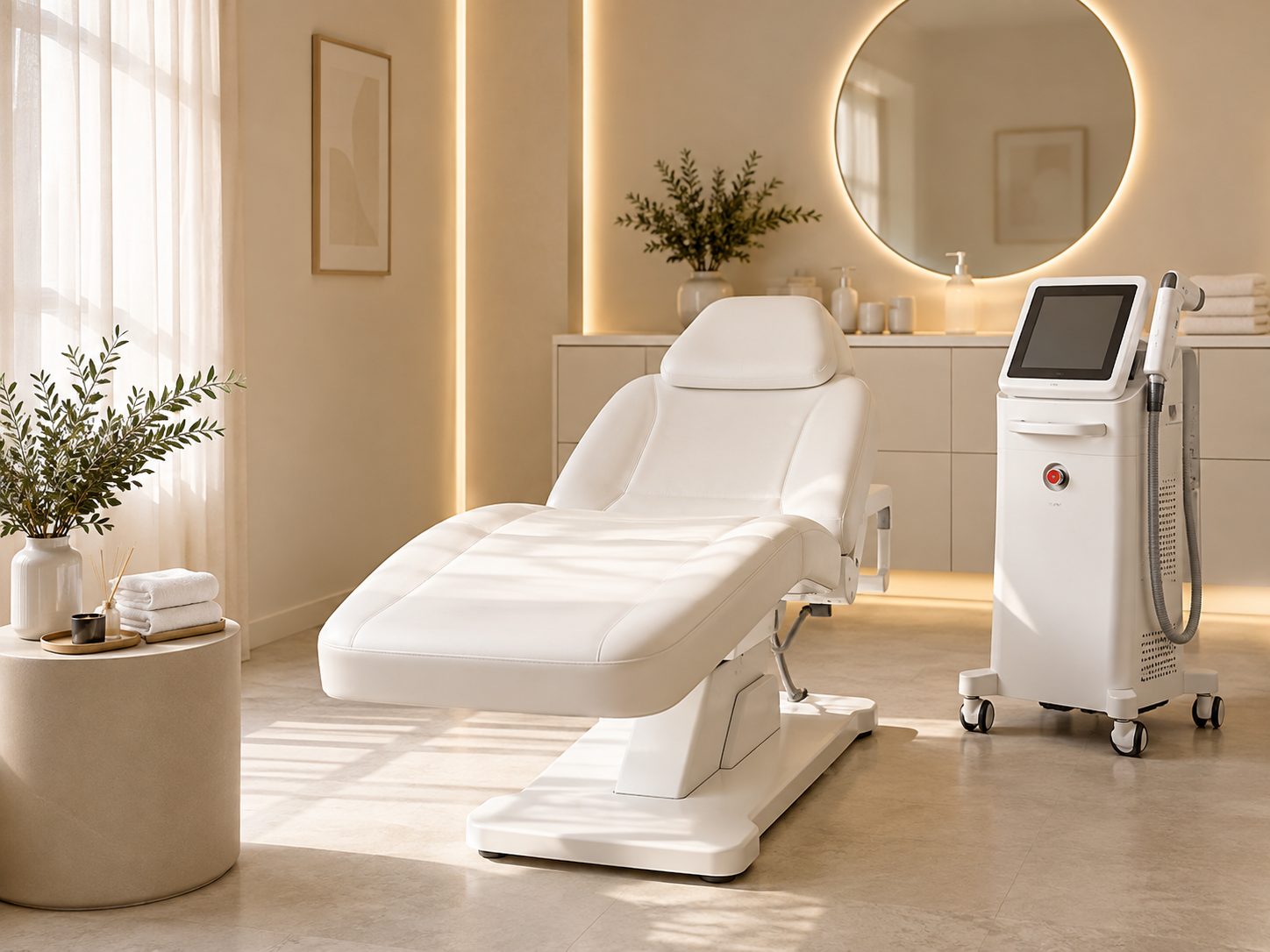 Heller Behandlungsraum von Tattoo-Los mit Behandlungsliege und Lasergerät